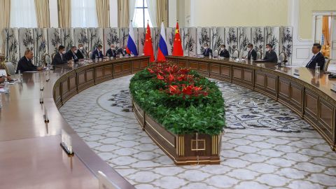 Russian President Vladimir Putin meets with Chinese President Xi Jinping on the sidelines of the Shanghai Cooperation Organization summit in Samarkand, Uzbekistan, on Thursday.