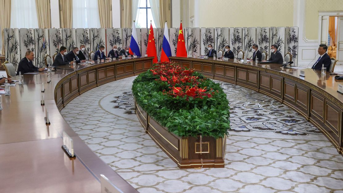 Russian President Vladimir Putin meets with Chinese President Xi Jinping on the sidelines of the Shanghai Cooperation Organization summit in Samarkand, Uzbekistan, on Thursday.