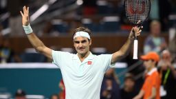 MIAMI GARDENS, FLORIDA - MARCH 28:  Roger Federer of Switzerland celebrates defeating Kevin Anderson of South Africa during day eleven of the Miami Open tennis on March 28, 2019 in Miami Gardens, Florida. (Photo by Julian Finney/Getty Images)