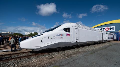 Invitees and journalists attend the presentation of the new SNCF's TGV "M" next generation high-speed train at the Alstom plant in La Rochelle, western France, on September 9, 2022.