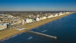 FEB 9, VIRGINIA CITY, VA., USA -aerial drone view of Virginia Beach  Skyline and Fishing Pier with  Atlantic Ocean