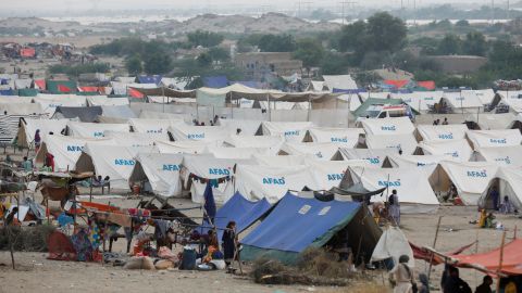 Tents housing people displaced by the floods in the Sindh Province city of Sehwan on September 14, 2022. 