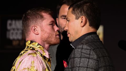 Álvarez and Golovkin face off during a press conference on June 27.