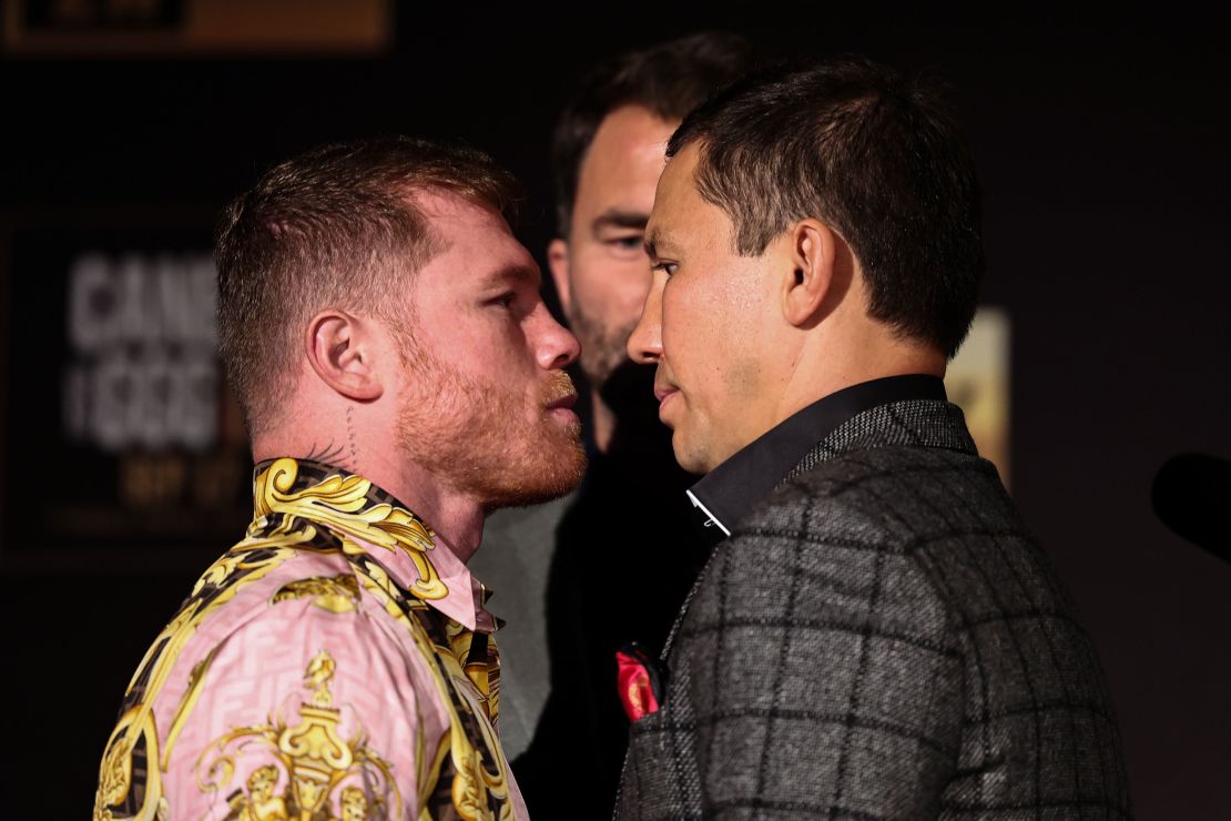Álvarez and Golovkin face off during a press conference on June 27.