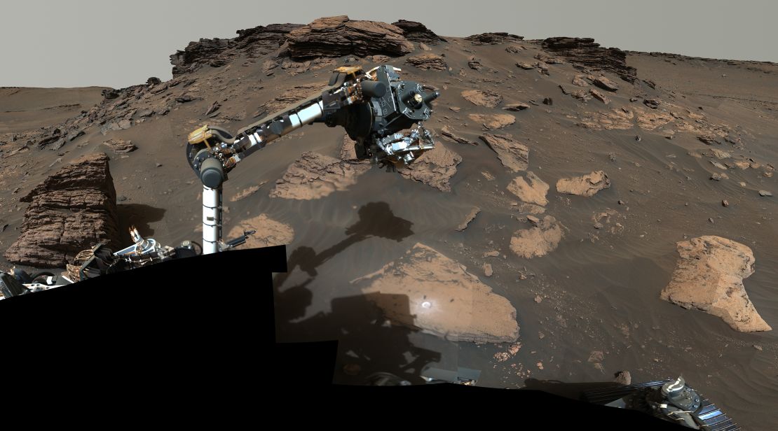 Perseverance uses its robotic arm to work around a rocky outcrop called Skinner Ridge.