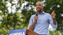 MADISON, WI - JULY 23: Lt. Gov. of Wisconsin and democratic candidate for US senate, Mandela Barnes, speaks to supporters at a rally outside of the Wisconsin State Capital building on Saturday July 23, 2022. (Photo by Sara Stathas for the Washington Post)