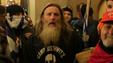 Robert Keith Packer was seen at the Capitol Hill riot and insurrection wearing a hoodie with the words, "Camp Auschwitz" on it.