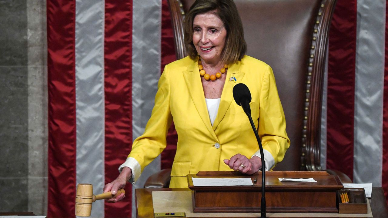 House Speaker Nancy Pelosi bangs the gavel after the House of Representatives voted to pass the Inflation Reduction Act on August 12, 2022. 