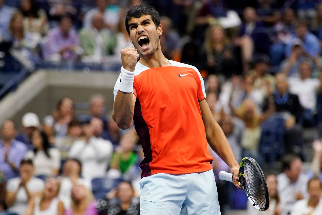 Carlos Alcaraz reacts after winning a point in the US Open final against Casper Ruud on Sunday, September 11. <a href=