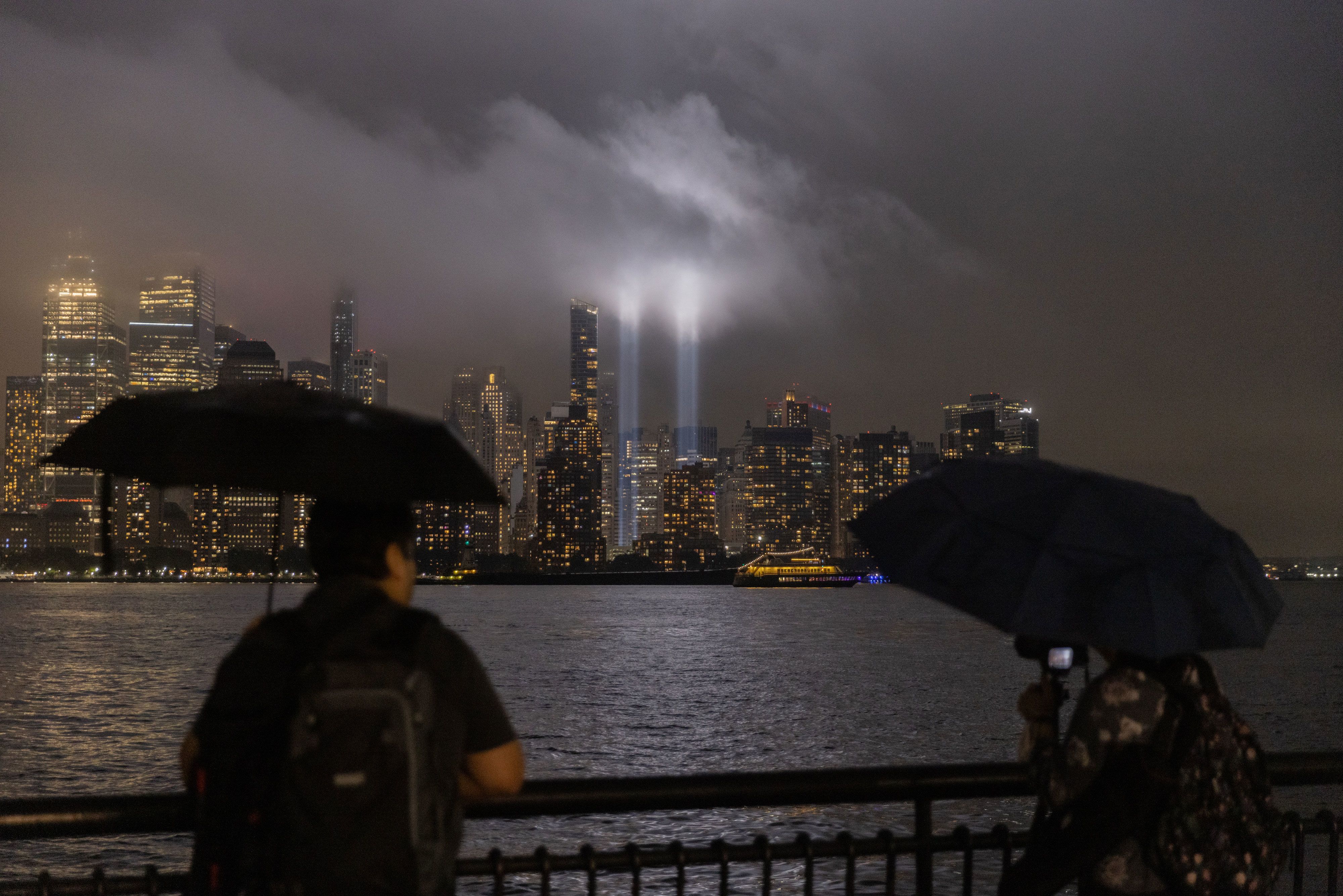 The Tribute in Light art installation is seen from Jersey City, New Jersey, on Sunday, the 21st anniversary of the September 11 terrorist attacks.