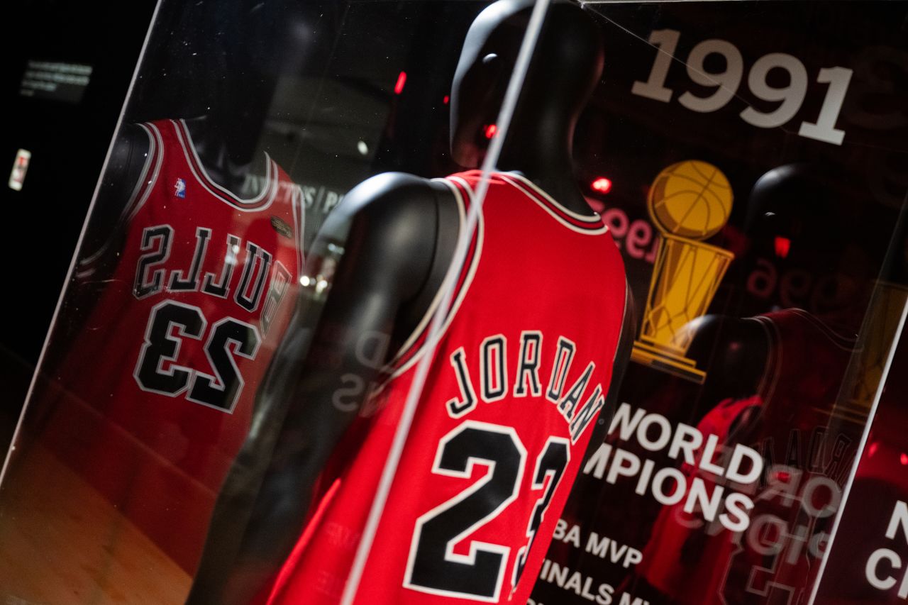 Michael Jordan's game-worn 1998 NBA Finals jersey on display during a press preview at Sotheby's on September 06, 2022.