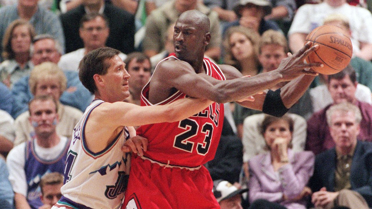 Jordan -- seen here playing in the 1998 Finals against Jeff Hornacek of the Utah Jazz -- is widely recognized to be the greatest player in the history of the NBA.