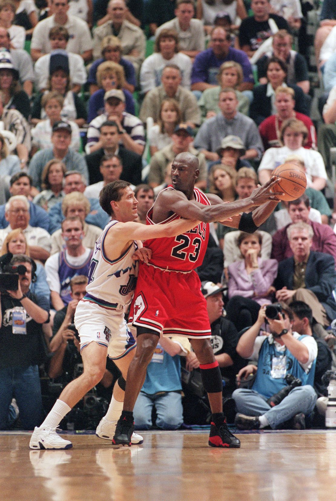 Jordan -- seen here playing in the 1998 Finals against Jeff Hornacek of the Utah Jazz -- is widely recognized to be the greatest player in the history of the NBA.
