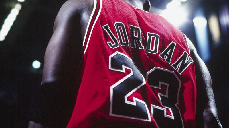 Michael Jordan's jersey is pulled to the rafters during Michael