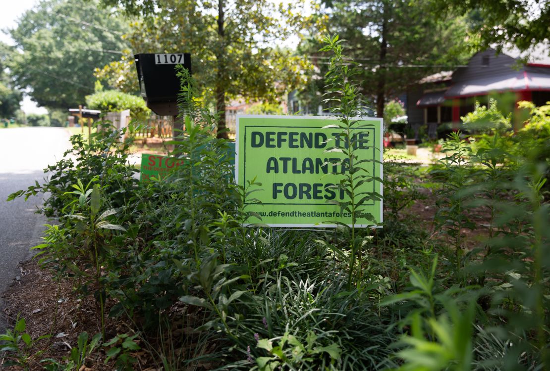 A "Defend the Atlanta Forest" sign is seen in Atlanta, Georgia, on July 22, 2022.