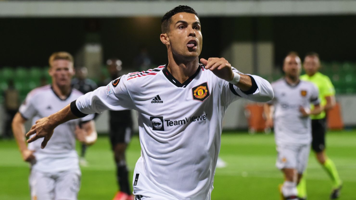 Ronaldo celebrates scoring from the penalty spot against Sheriff Tiraspol. 