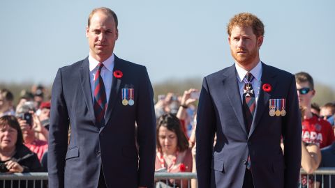 Prince William and Prince Harry arrive at the Canadian National Vimy Memorial  in Vimy, France on April 9, 2017.