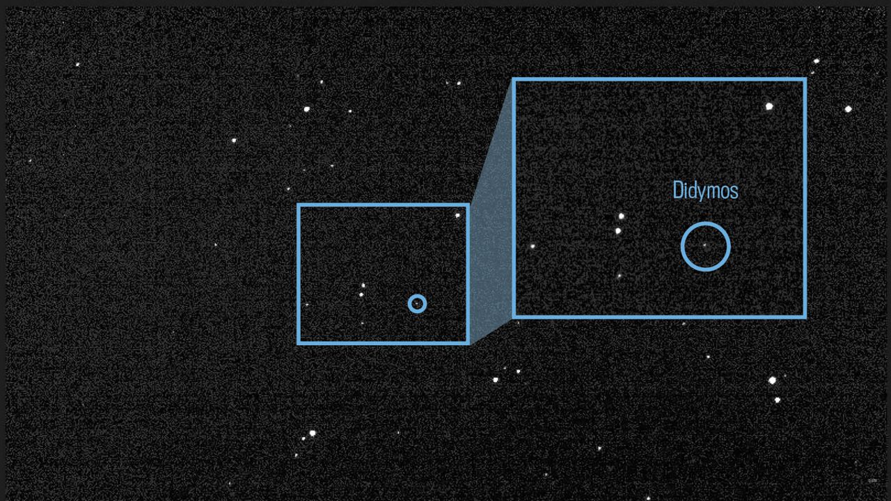 The light from asteroid Didymos and its moonlet Dimorphos is visible in a composite of 243 images taken by DRACO on July 27.