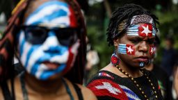Papuan students paint her face with the West Papua flag, the Morning Star during a rally in Jakarta, Indonesia, on August 28, 2019. Student and activist gathered for a protest supporting West Papua s call for independence from Indonesia and demanding the racial abuse case against Papuan students in Surabaya, East Java.