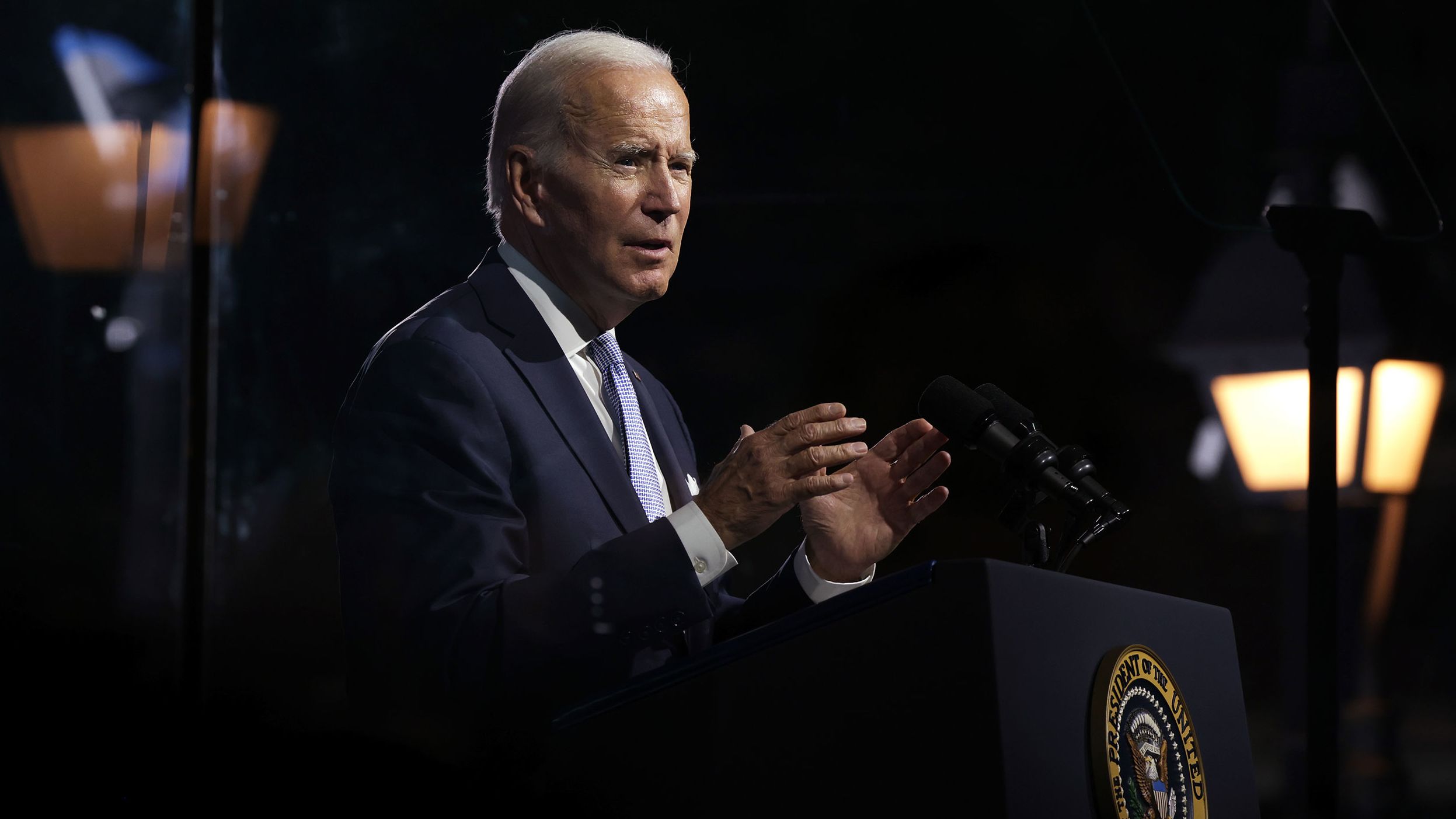 US President Joe Biden delivers a primetime speech at Independence National Historical Park on September 1, 2022 in Philadelphia, Pennsylvania. 