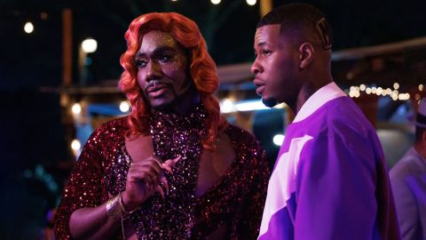 Nicco Annan, left, plays Uncle Clifford, the gender-nonconforming owner of the strip club, on 