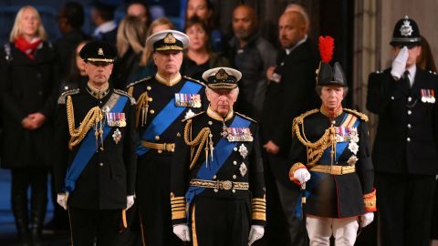 King Charles III, Princess Anne, Prince Andrew and Prince Edward attend the vigil in Westminster Hall on September 16, 2022.