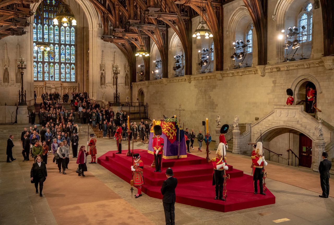Members of the public visit Westminster Hall in London, where Queen Elizabeth II was lying in state on Thursday, September 15. <a href="https://www.cnn.com/uk/live-news/queen-elizabeth-westminster-news-intl/h_a238f12149215de2857c1dceb3b9e742" target="_blank">Mourners have packed London's streets</a> for the chance to see the Queen's coffin and pay their respects.