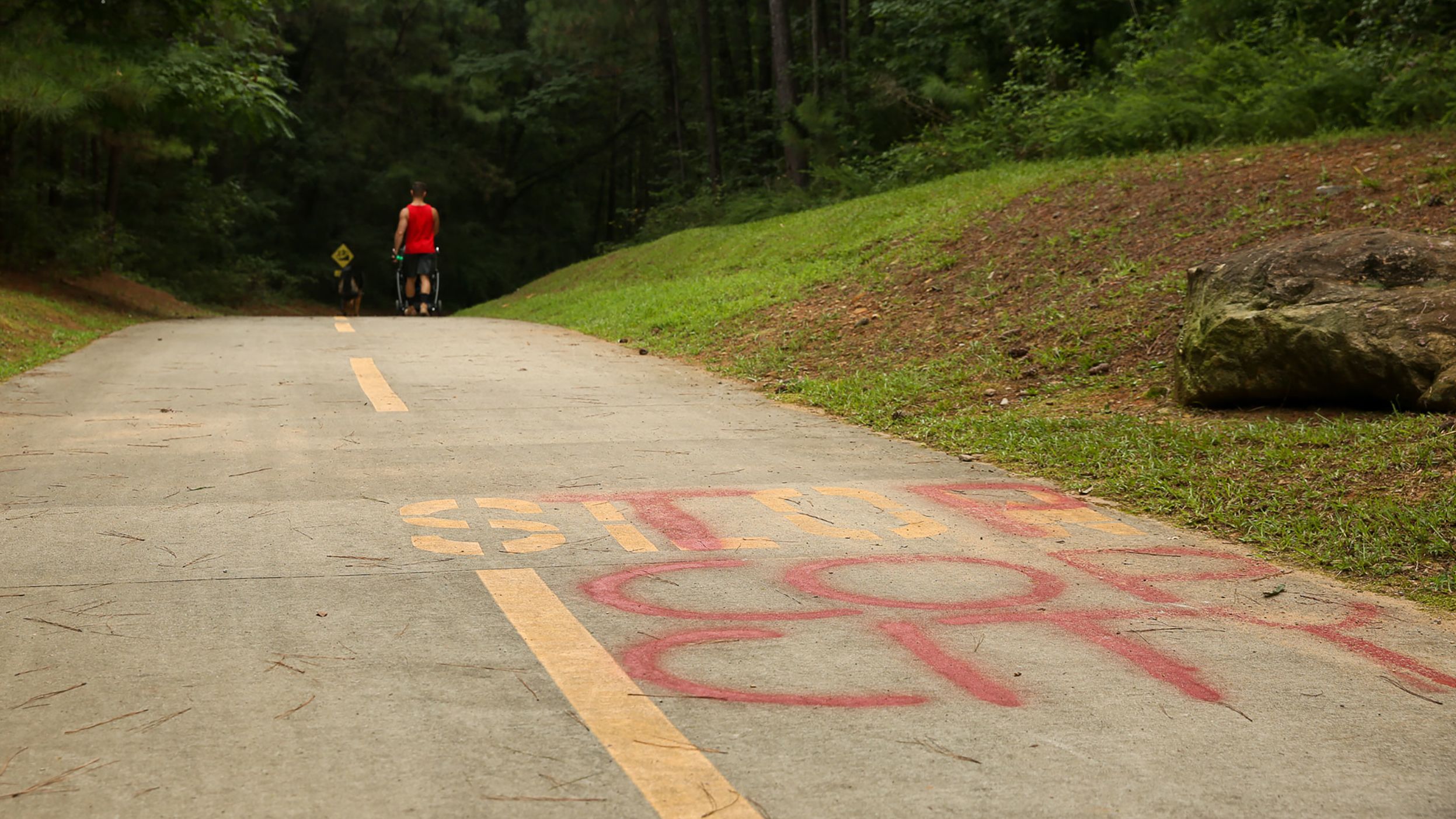 A man walks his dog along the South River Trail, which leads into Intrenchment Creek Park, in Atlanta on August 15, 2022. On the road, the words 'Stop Cop City' reflect the sentiment of advocates and residents who don't want to see a new police and fire training facility built in the area.