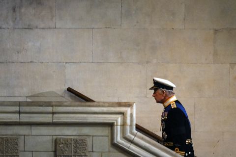 The King leaves Westminster Hall after standing vigil on Friday.