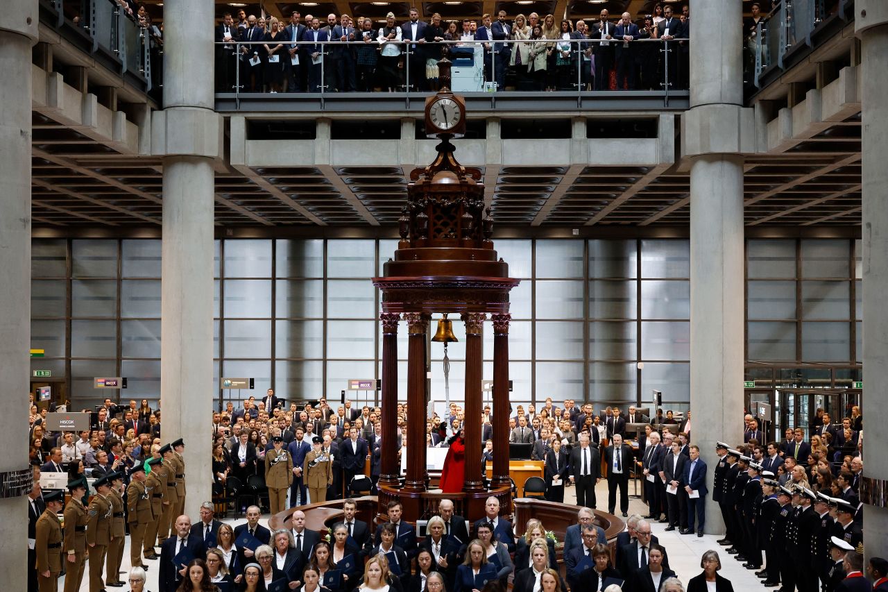 The Lutine Bell is rung once to mark the Queen's death Thursday in the underwriting room at Lloyd's of London. The bell was also rung twice to mark the accession of the King. The bell is traditionally rung once for bad news and twice for good news.