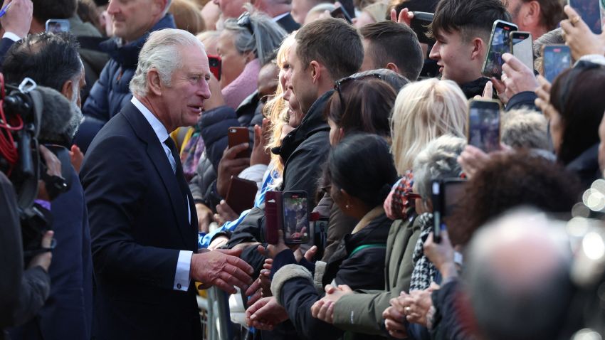 Britain's King Charles greets people queueing to pay their respects to Britain's Queen Elizabeth following her death, in London, Britain, September 17, 2022.