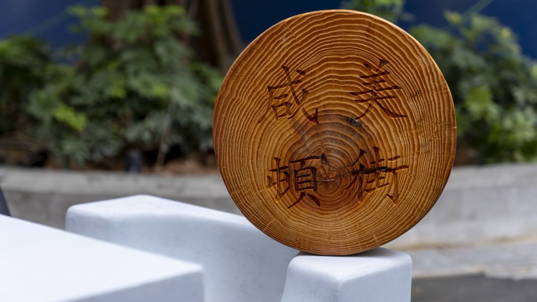 A third park, currently under construction, is a corner plot on Hamilton Street in Yau Ma Tei. It pays tribute to the area's long tradition of craftsmanship, and the designers commissioned work from local shops, such as this sign made from a chopping board.