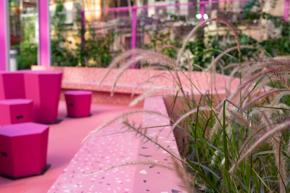 The moveable stools and rose-colored terrazzo benches (pictured) have helped increase the park's seating capacity from 16 to 81.