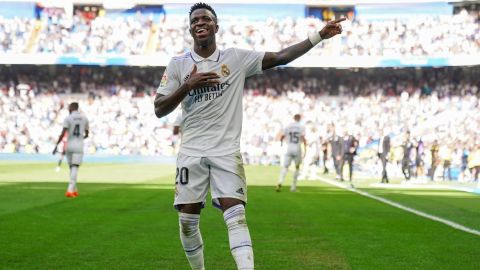 Vinicius celebrates after scoring Real Madrid's second goal against Mallorca.