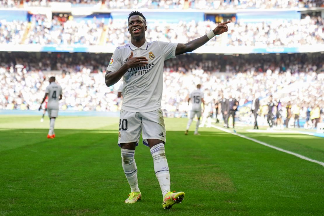 Vinicius celebrates after scoring Real Madrid's second goal against Mallorca.