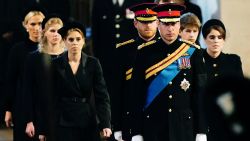Left to right: Zara Tindall, Lady Louise, Princess Beatrice, Prince William, the prince of Wales, Prince Harry, Princess Eugenie, Viscount James Severn and Peter Phillips attend the vigil of the Queen's grandchildren around the coffin, as it lies in state on the catafalque in Westminster Hall, at the Palace of Westminster, London, Saturday,  Sept. 17, 2022, ahead of her funeral on Monday. (Aaron Chown/Pool Photo via AP)