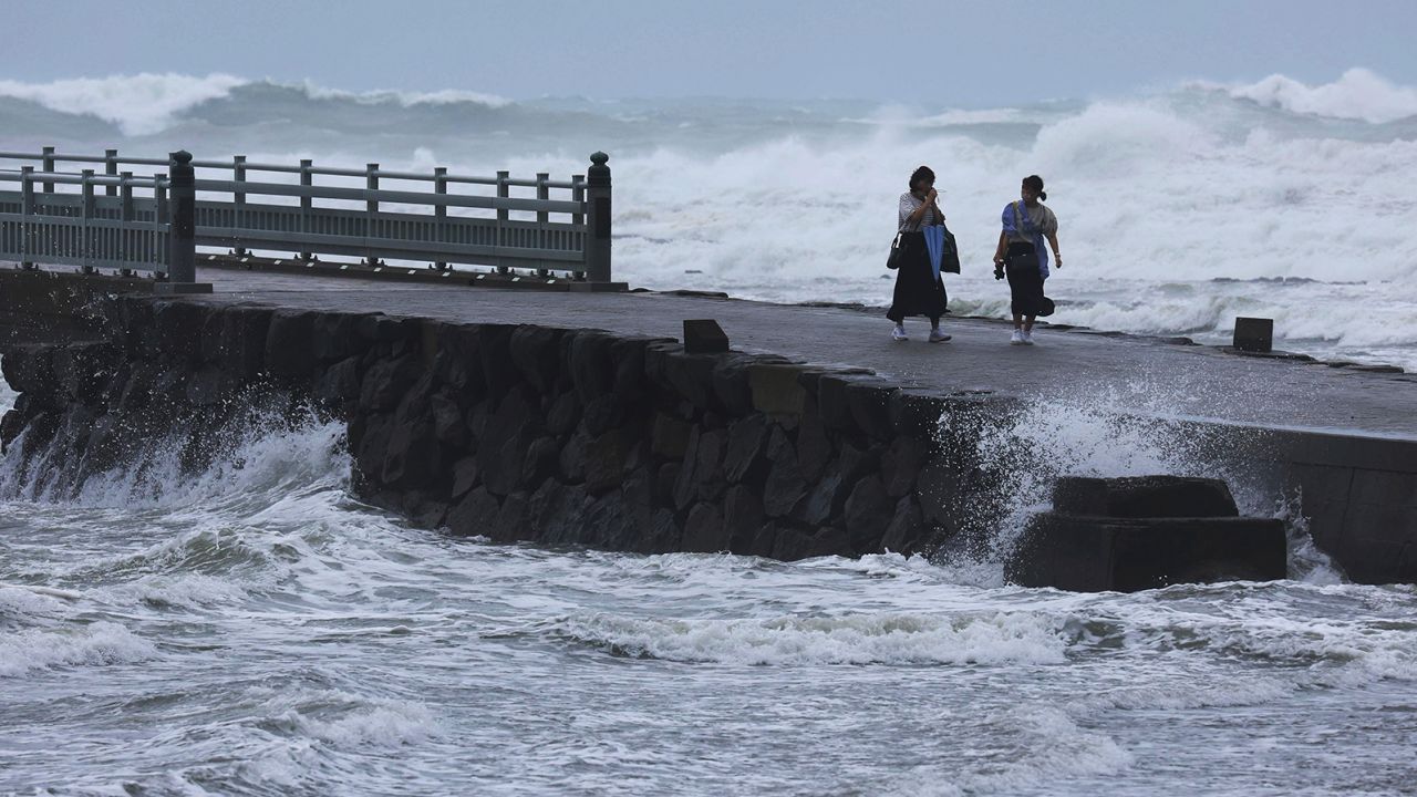 Waves crash on the shore in Miyazaki City, Japan, on September 17, 2022.