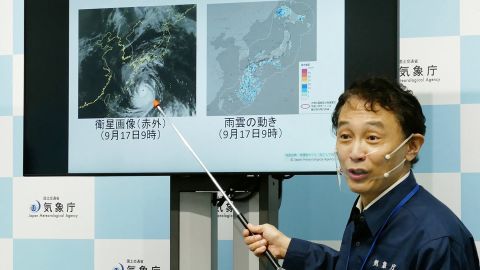 The director of the Forecast Section of the Japan Meteorological Agency during a press conference for Typhoon Namado in Tokyo on September 17, 2022.