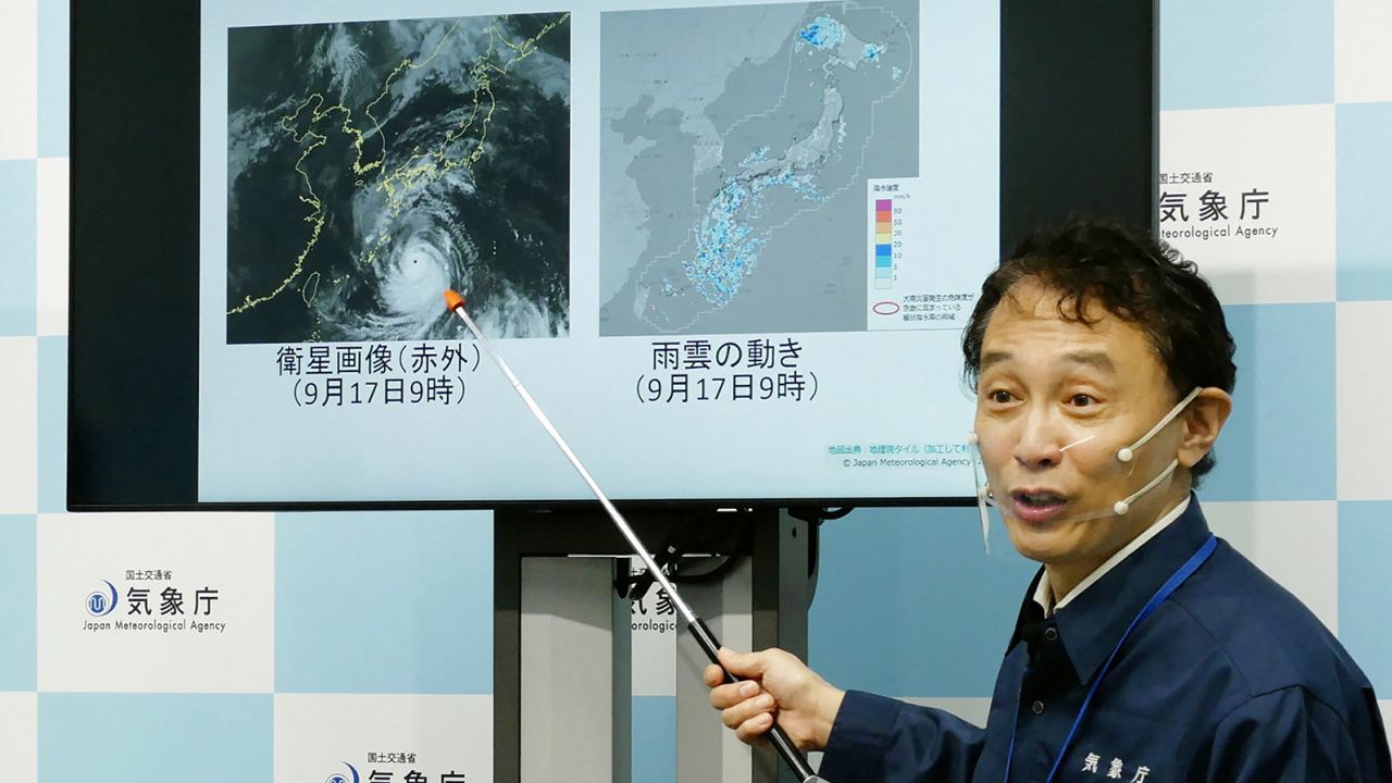 A director of the Japan Meteorological Agency's Forecast Division during a news conference on Typhoon Nanmadol in Tokyo on September 17, 2022.