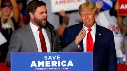 JD Vance, Republican candidate for U.S. Senator for Ohio, is accompanied by Former President Donald Trump as he speaks at a campaign rally in Youngstown, Ohio., Saturday, Sept. 17, 2022. (AP Photo/Tom E. Puskar)