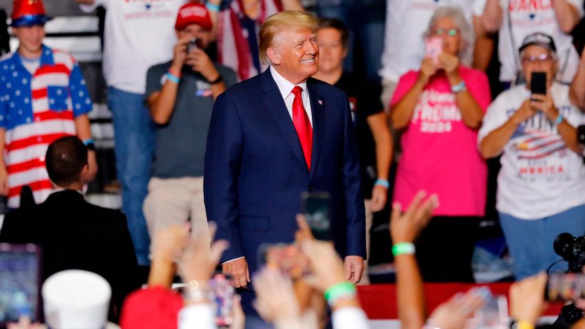 Former President Donald Trump takes the stage at a campaign rally in Youngstown, Ohio., Saturday, Sept. 17, 2022. (AP Photo/Tom E. Puskar)