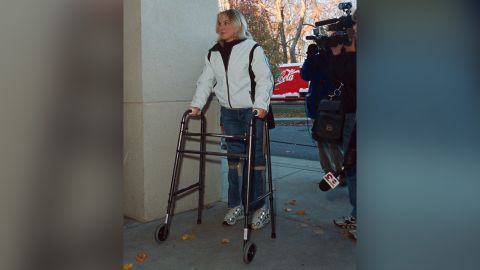 Missy Jenkins walks into Heath High School in Paducah, Kentucky, on November 29, 1999, for the first time since she was wounded in the shooting.