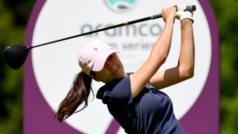 Ines Laklalech tees off from the seventh hole during day one of the Aramco Team Series London on June 16, 2022 in St Albans, England.