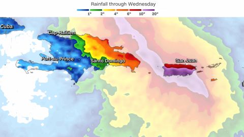 Forecast rainfall accumulations due to Tropical Storm Fiona.