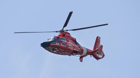 A Coast Guard Search and Rescue helicopter performs a demonstration on August 24, 2022 in Atlantic City, New Jersey. 