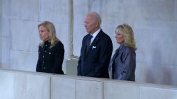 US President Joe Biden, flanked by first lady Jill Biden and Jane Hartley, the US ambassador to the United Kingdom, view the coffin of Queen Elizabeth II lying in state on the catafalque in Westminster Hall in London on September 18, 2022. 