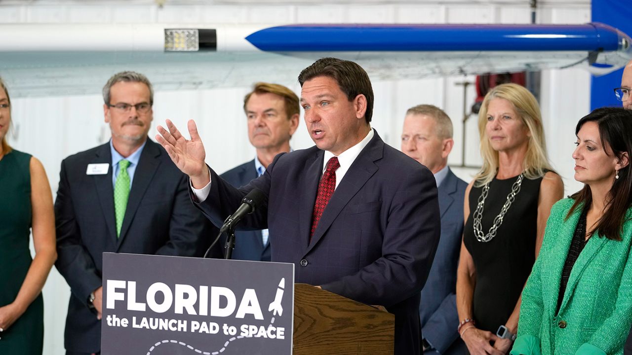 Gov. Ron DeSantis holds a news conference at Embry-Riddle Aeronautical University in Daytona Beach on Friday, September 16, 2022.