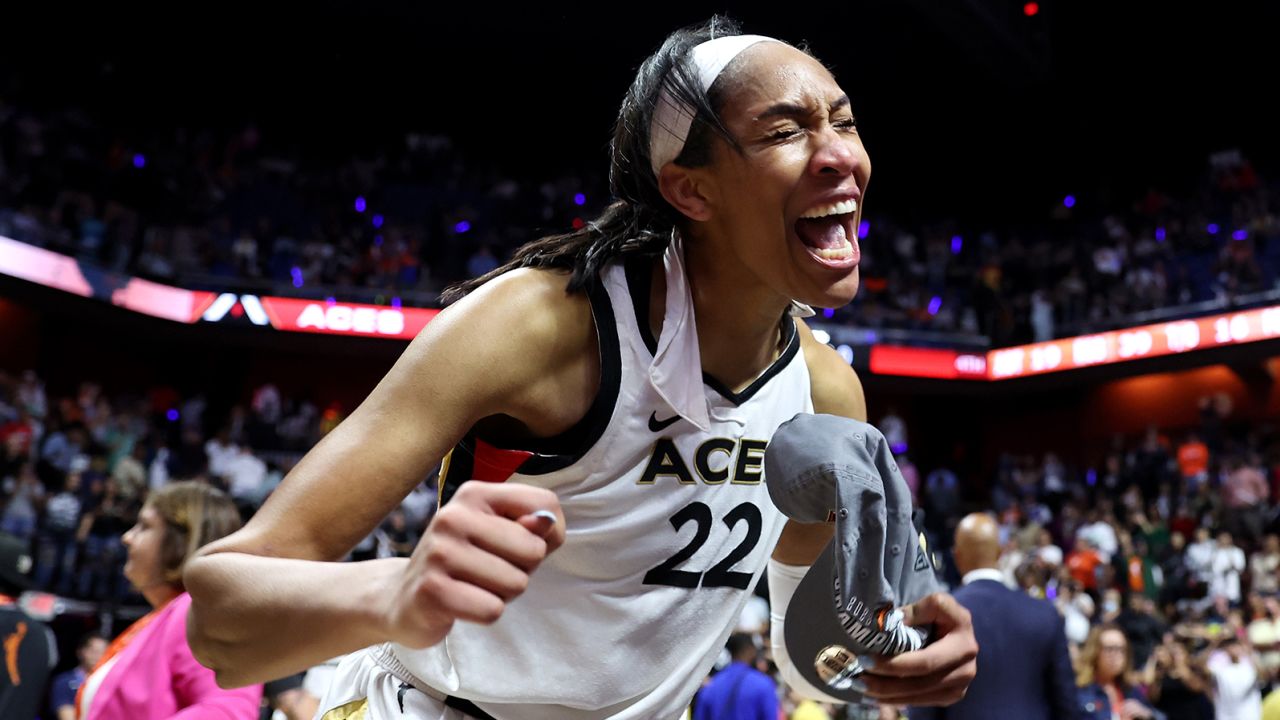 A'ja Wilson celebrates her team's win.