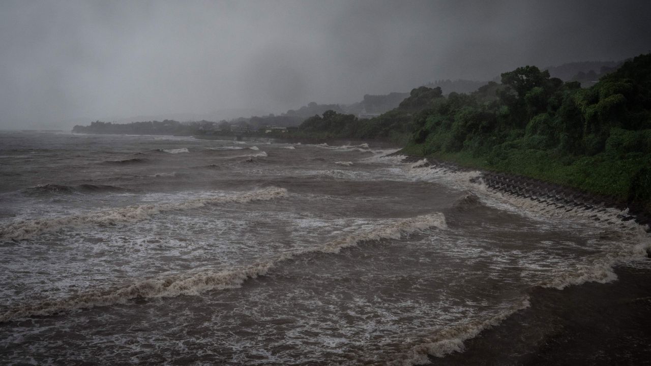 Waves generated by Typhoon Nanmadol break along the coast in Izumi, Kagoshima prefecture on September 18, 2022. 