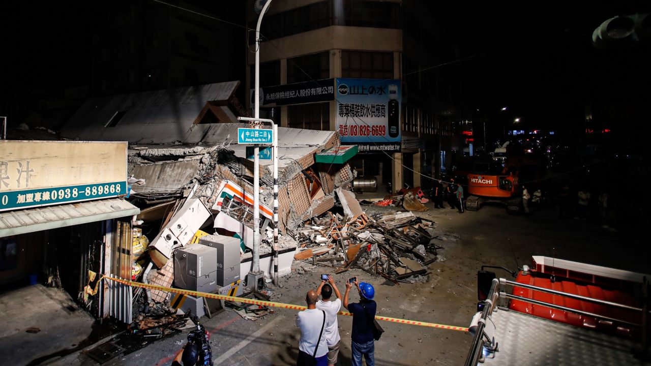 Wreckage of a collapsed building in Hualien, Taiwan.